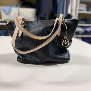 Michael Kors Black Leather Shoulder Bag with Beige Straps and Gold MK Charm